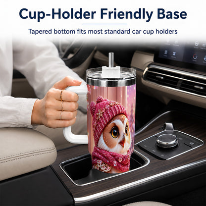 #pl[40oz|White] Pink Winter Owl 40oz Tumbler with Handle, Cozy Crystal Style Travel Cup