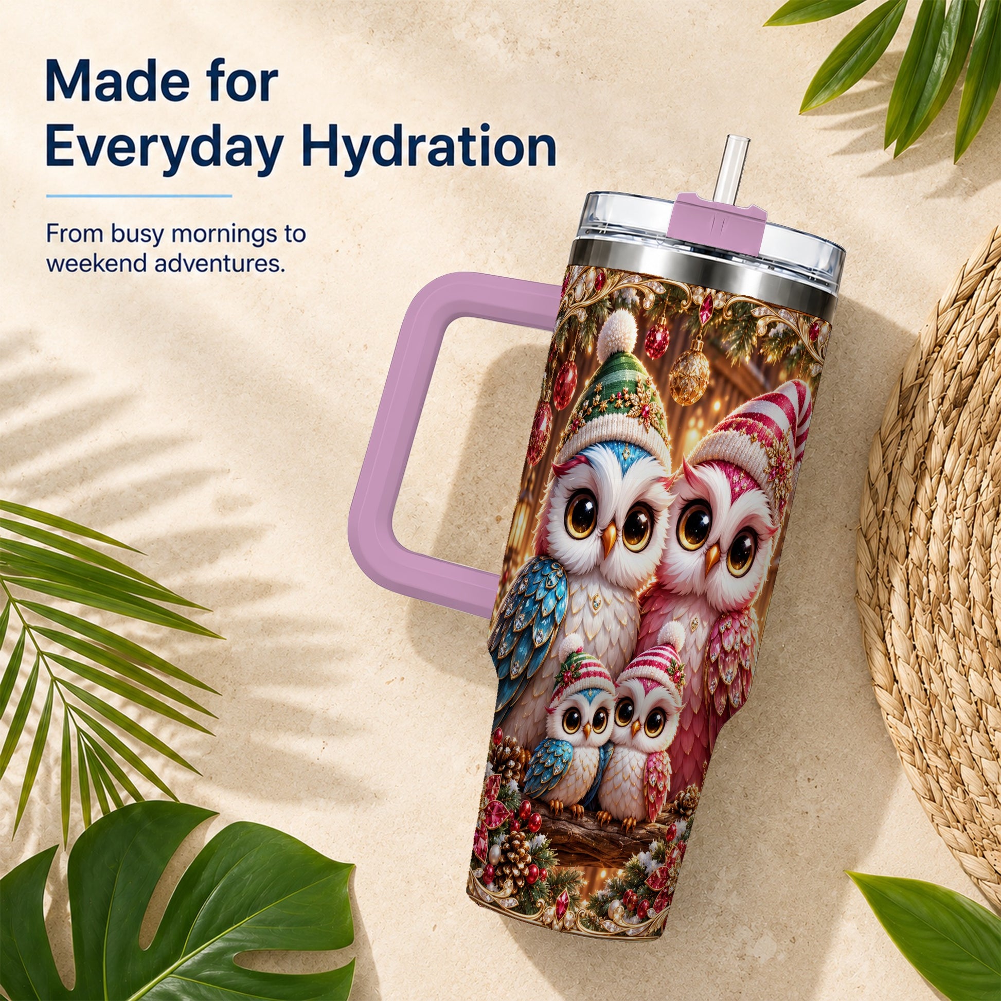#pl[40oz|Pink] Christmas Owl Family 40oz Tumbler with Handle, Cozy Holiday Travel Cup