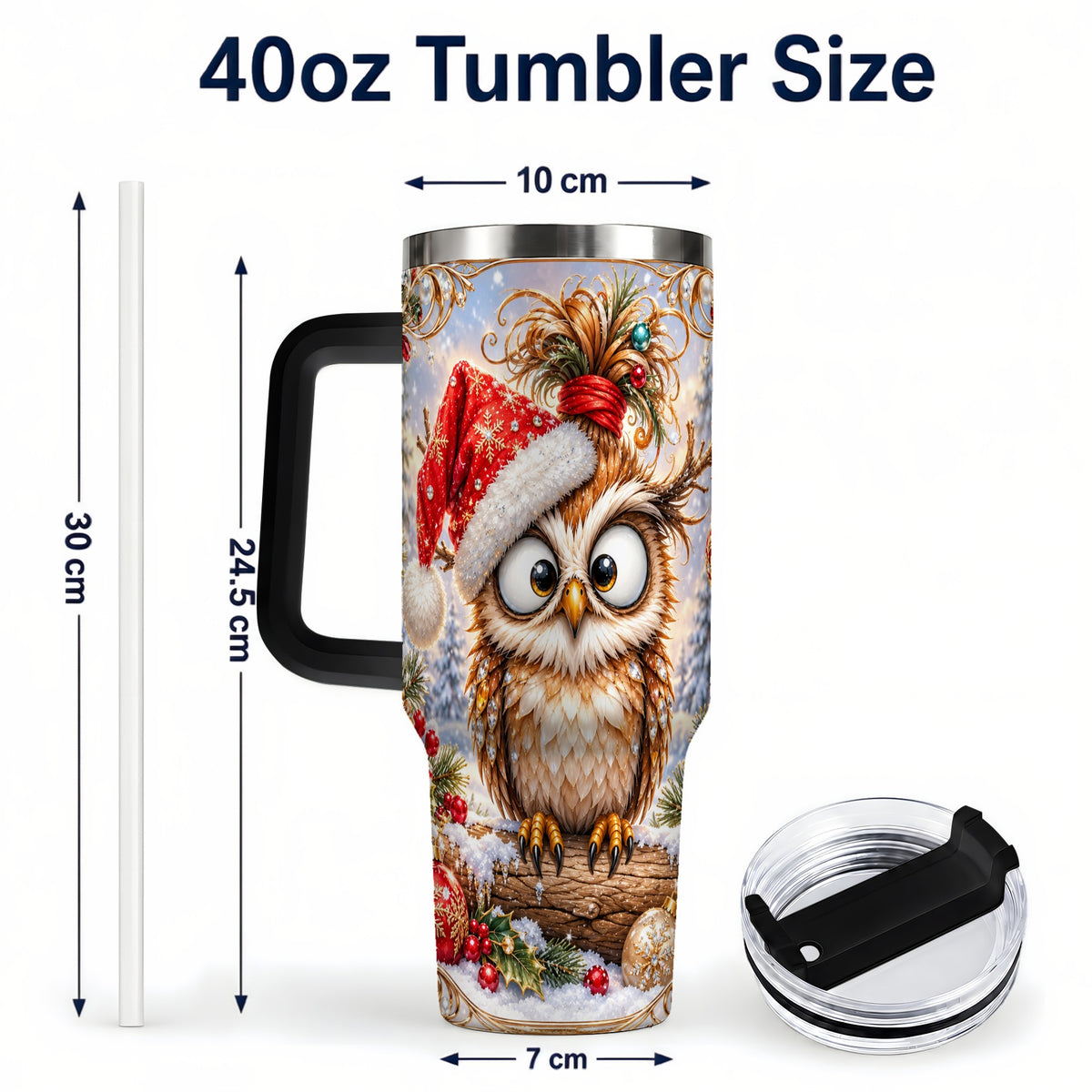 #pl[40oz|Black] Christmas Owl 40oz Tumbler, Festive Owl Stainless Steel Travel Cup
