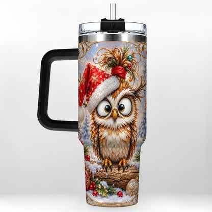 #pl[40oz|Black] Christmas Owl 40oz Tumbler, Festive Owl Stainless Steel Travel Cup