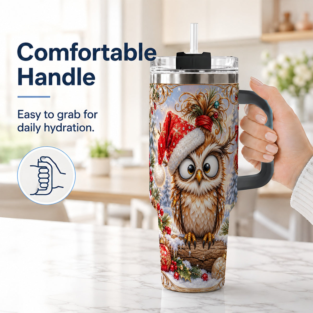 #pl[40oz|Black] Christmas Owl 40oz Tumbler, Festive Owl Stainless Steel Travel Cup