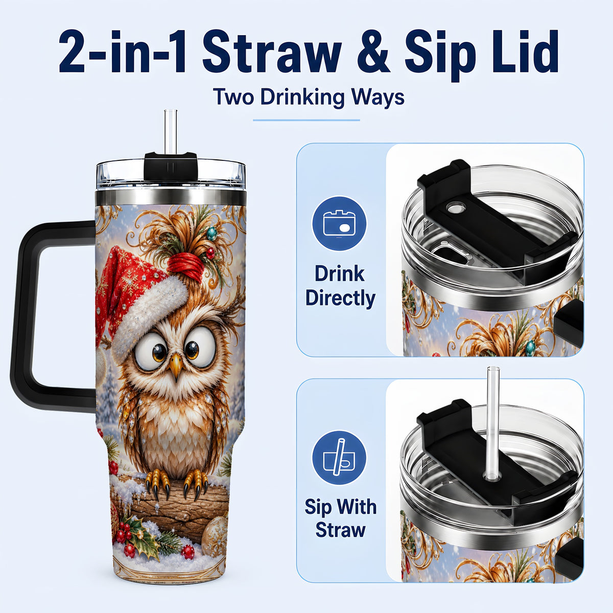 #pl[40oz|Black] Christmas Owl 40oz Tumbler, Festive Owl Stainless Steel Travel Cup