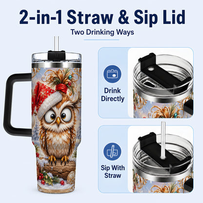#pl[40oz|Black] Christmas Owl 40oz Tumbler, Festive Owl Stainless Steel Travel Cup