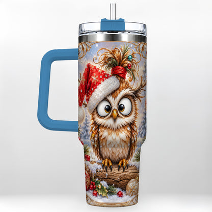 #pl[40oz|Blue] Christmas Owl 40oz Tumbler, Festive Owl Stainless Steel Travel Cup
