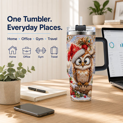 #pl[40oz|Black] Christmas Owl 40oz Tumbler, Festive Owl Stainless Steel Travel Cup