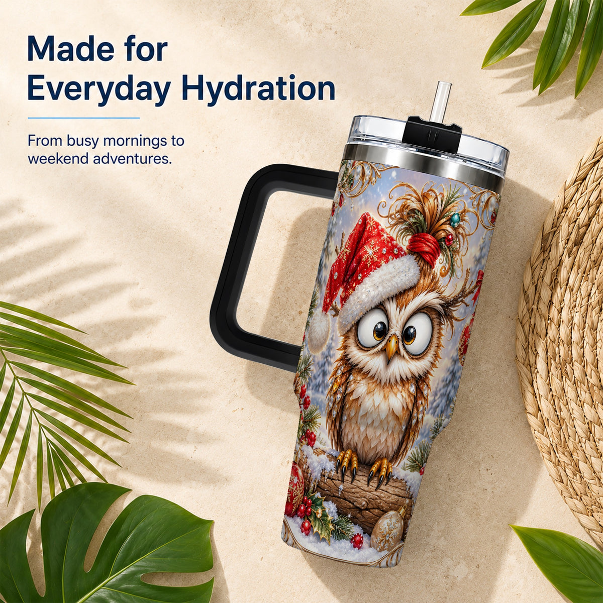 #pl[40oz|Black] Christmas Owl 40oz Tumbler, Festive Owl Stainless Steel Travel Cup