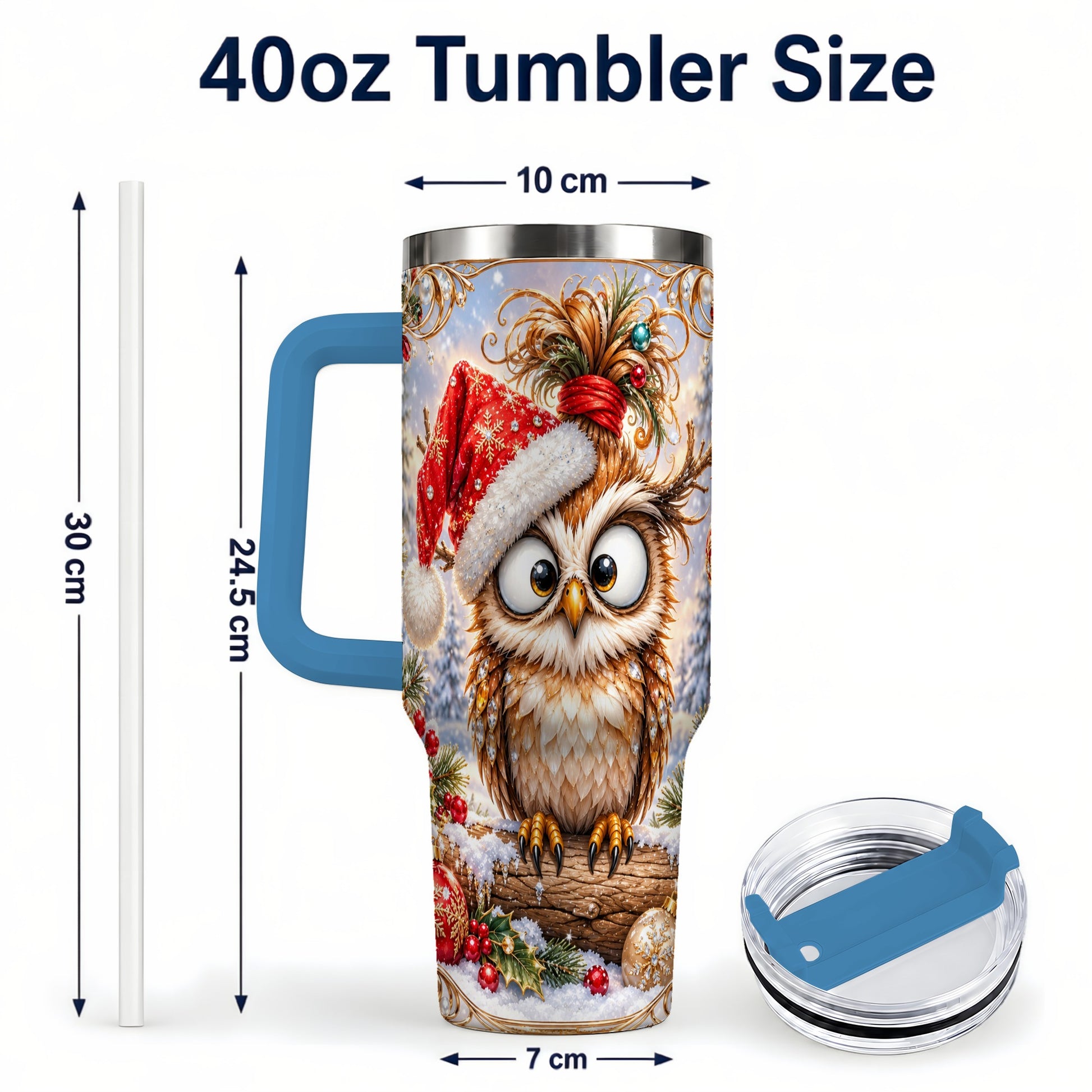 #pl[40oz|Blue] Christmas Owl 40oz Tumbler, Festive Owl Stainless Steel Travel Cup