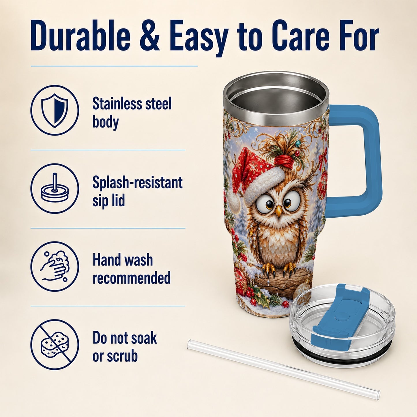 #pl[40oz|Blue] Christmas Owl 40oz Tumbler, Festive Owl Stainless Steel Travel Cup
