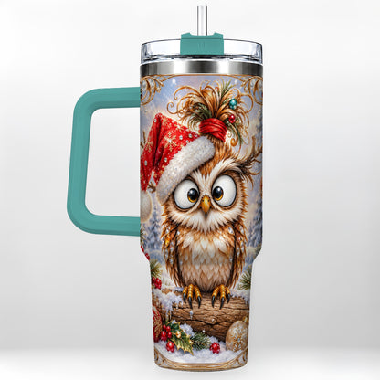 #pl[40oz|Green] Christmas Owl 40oz Tumbler, Festive Owl Stainless Steel Travel Cup