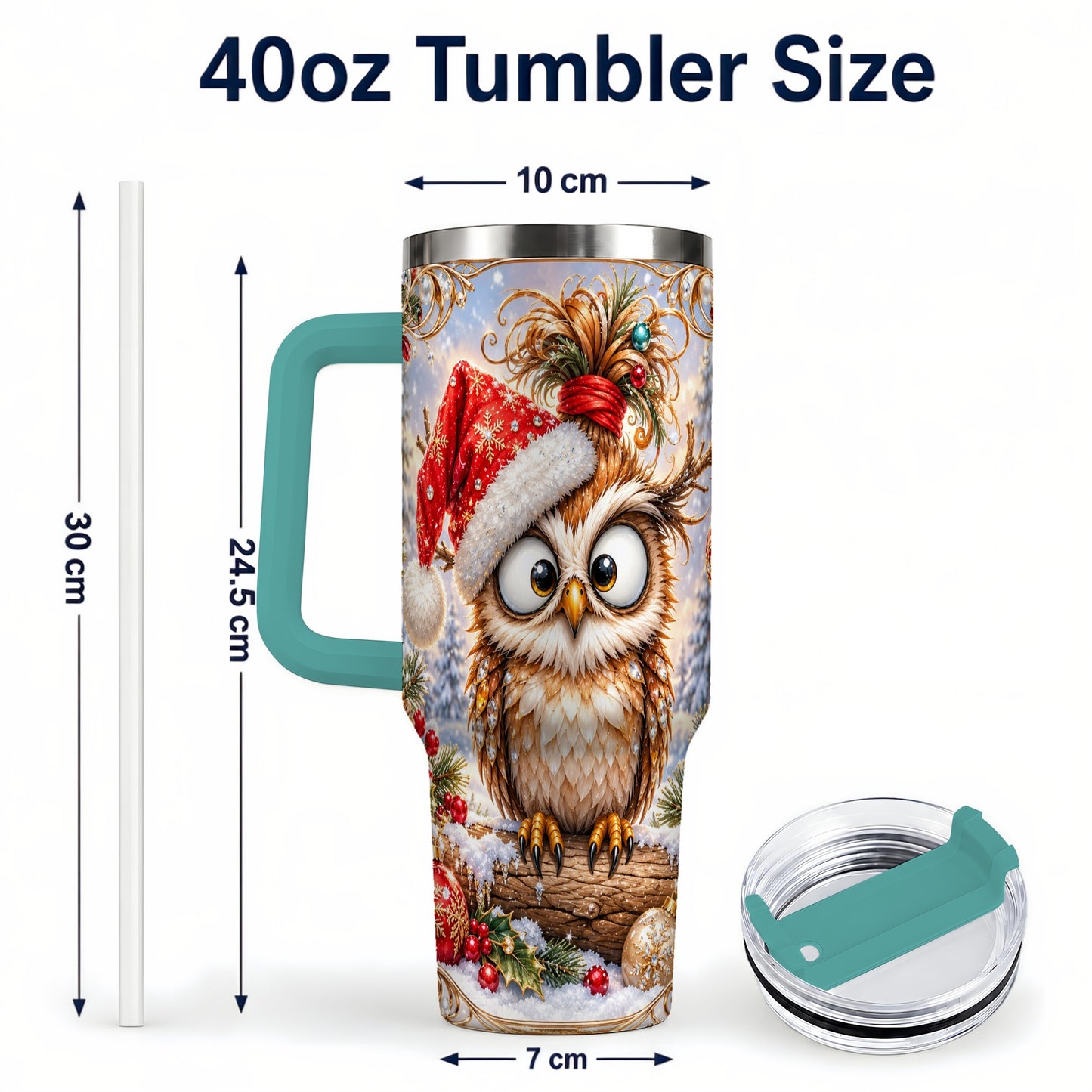 #pl[40oz|Green] Christmas Owl 40oz Tumbler, Festive Owl Stainless Steel Travel Cup