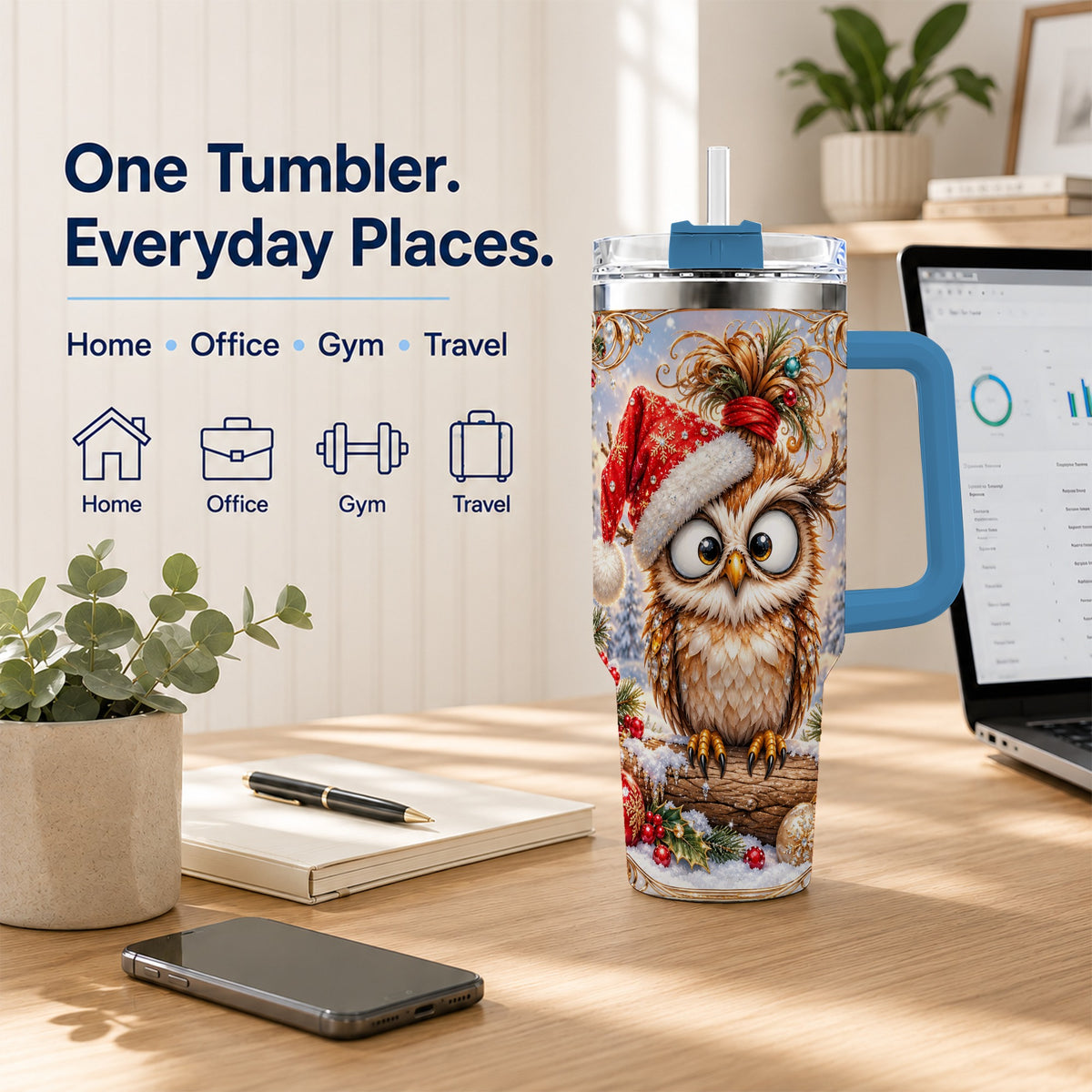 #pl[40oz|Blue] Christmas Owl 40oz Tumbler, Festive Owl Stainless Steel Travel Cup