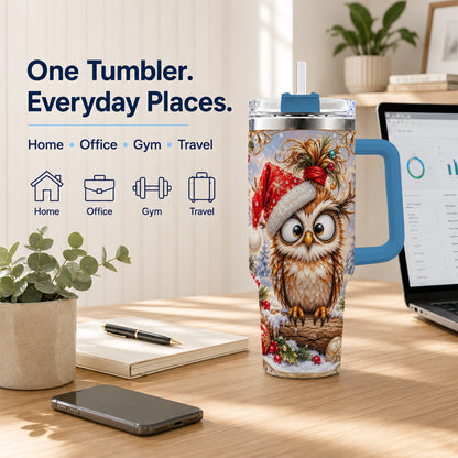 #pl[40oz|Blue] Christmas Owl 40oz Tumbler, Festive Owl Stainless Steel Travel Cup
