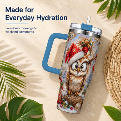 #pl[40oz|Blue] Christmas Owl 40oz Tumbler, Festive Owl Stainless Steel Travel Cup