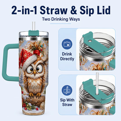 #pl[40oz|Green] Christmas Owl 40oz Tumbler, Festive Owl Stainless Steel Travel Cup