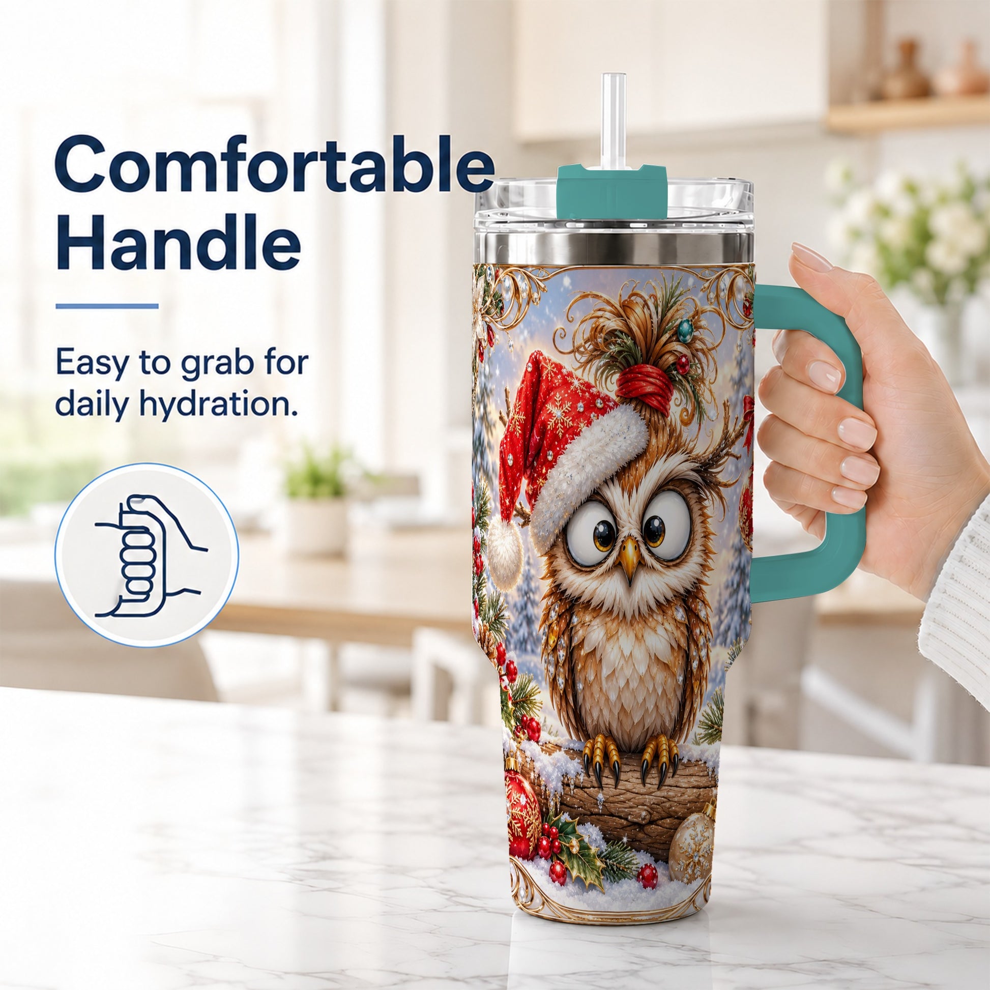#pl[40oz|Green] Christmas Owl 40oz Tumbler, Festive Owl Stainless Steel Travel Cup