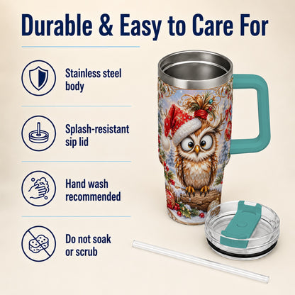 #pl[40oz|Green] Christmas Owl 40oz Tumbler, Festive Owl Stainless Steel Travel Cup