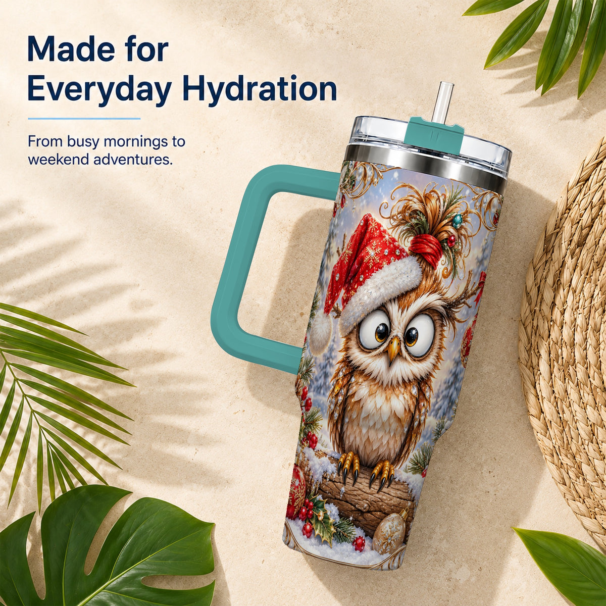 #pl[40oz|Green] Christmas Owl 40oz Tumbler, Festive Owl Stainless Steel Travel Cup