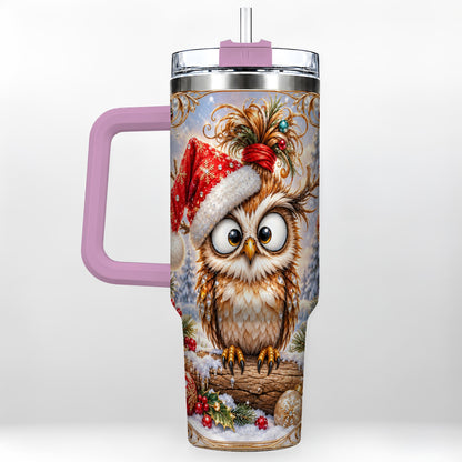 #pl[40oz|Pink] Christmas Owl 40oz Tumbler, Festive Owl Stainless Steel Travel Cup