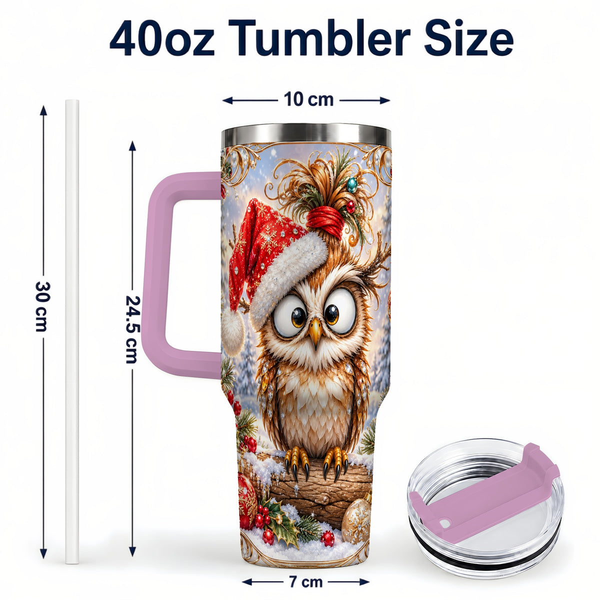 #pl[40oz|Pink] Christmas Owl 40oz Tumbler, Festive Owl Stainless Steel Travel Cup