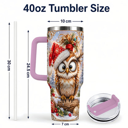 #pl[40oz|Pink] Christmas Owl 40oz Tumbler, Festive Owl Stainless Steel Travel Cup