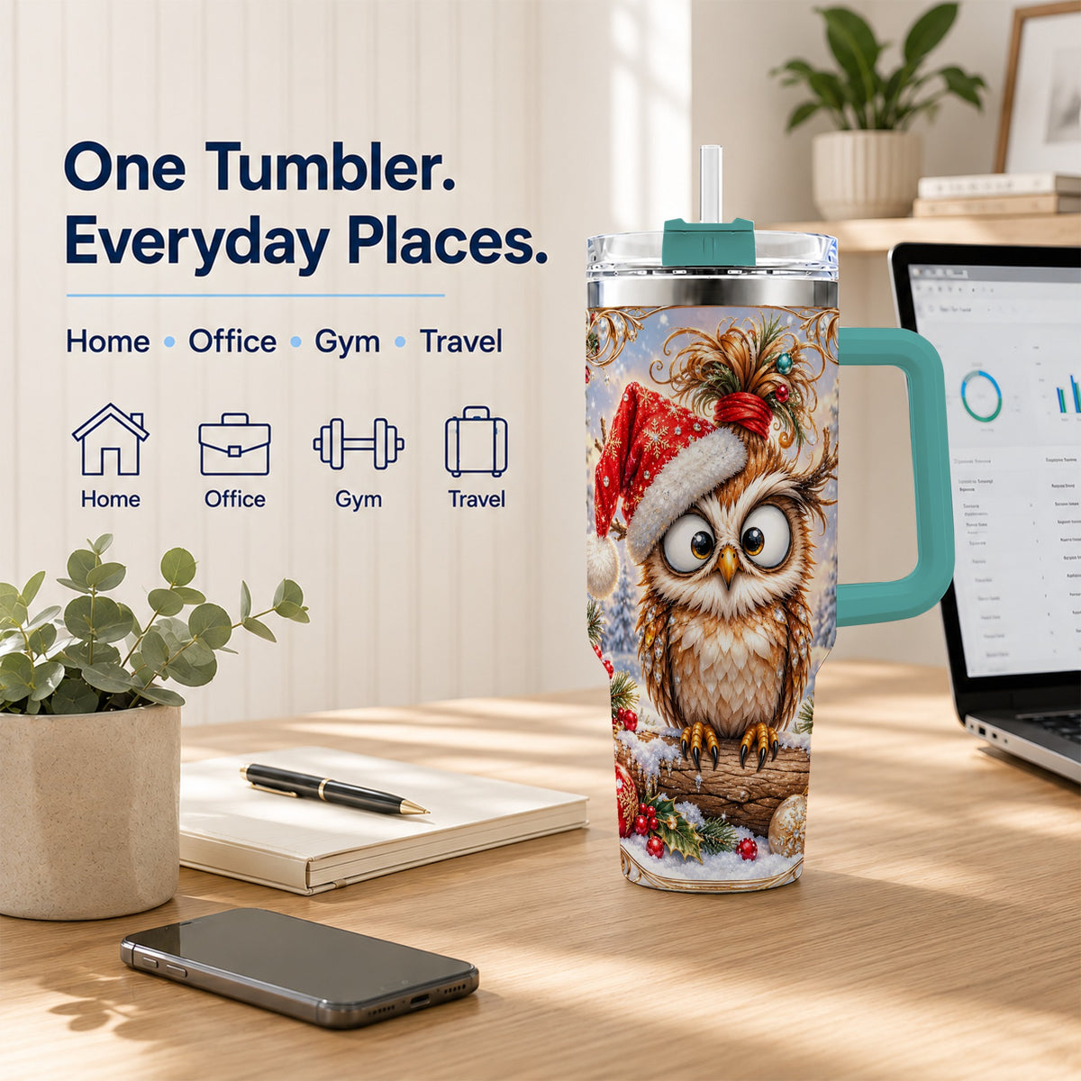 #pl[40oz|Green] Christmas Owl 40oz Tumbler, Festive Owl Stainless Steel Travel Cup