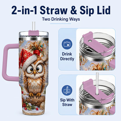 #pl[40oz|Pink] Christmas Owl 40oz Tumbler, Festive Owl Stainless Steel Travel Cup