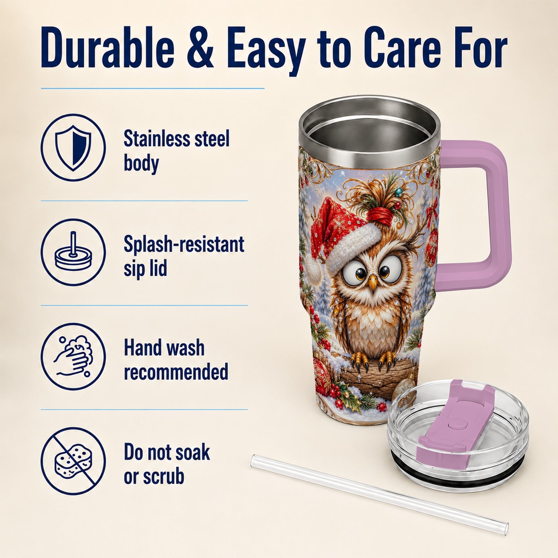 #pl[40oz|Pink] Christmas Owl 40oz Tumbler, Festive Owl Stainless Steel Travel Cup