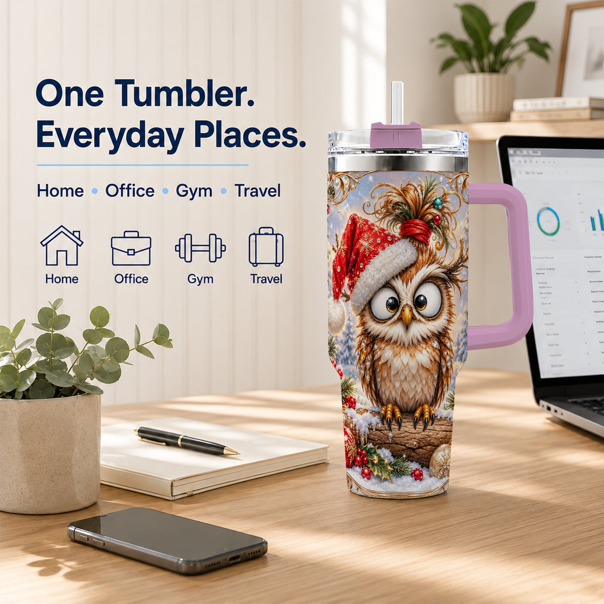 #pl[40oz|Pink] Christmas Owl 40oz Tumbler, Festive Owl Stainless Steel Travel Cup