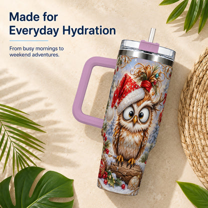 #pl[40oz|Pink] Christmas Owl 40oz Tumbler, Festive Owl Stainless Steel Travel Cup