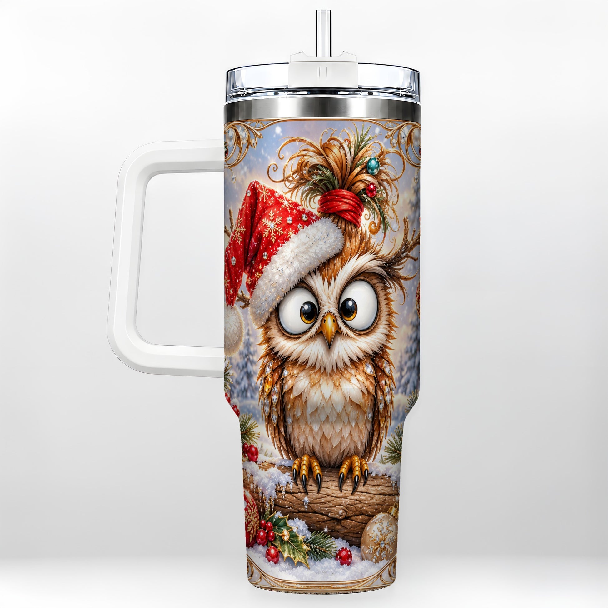 Christmas Owl 40oz Tumbler, Festive Owl Stainless Steel Travel Cup