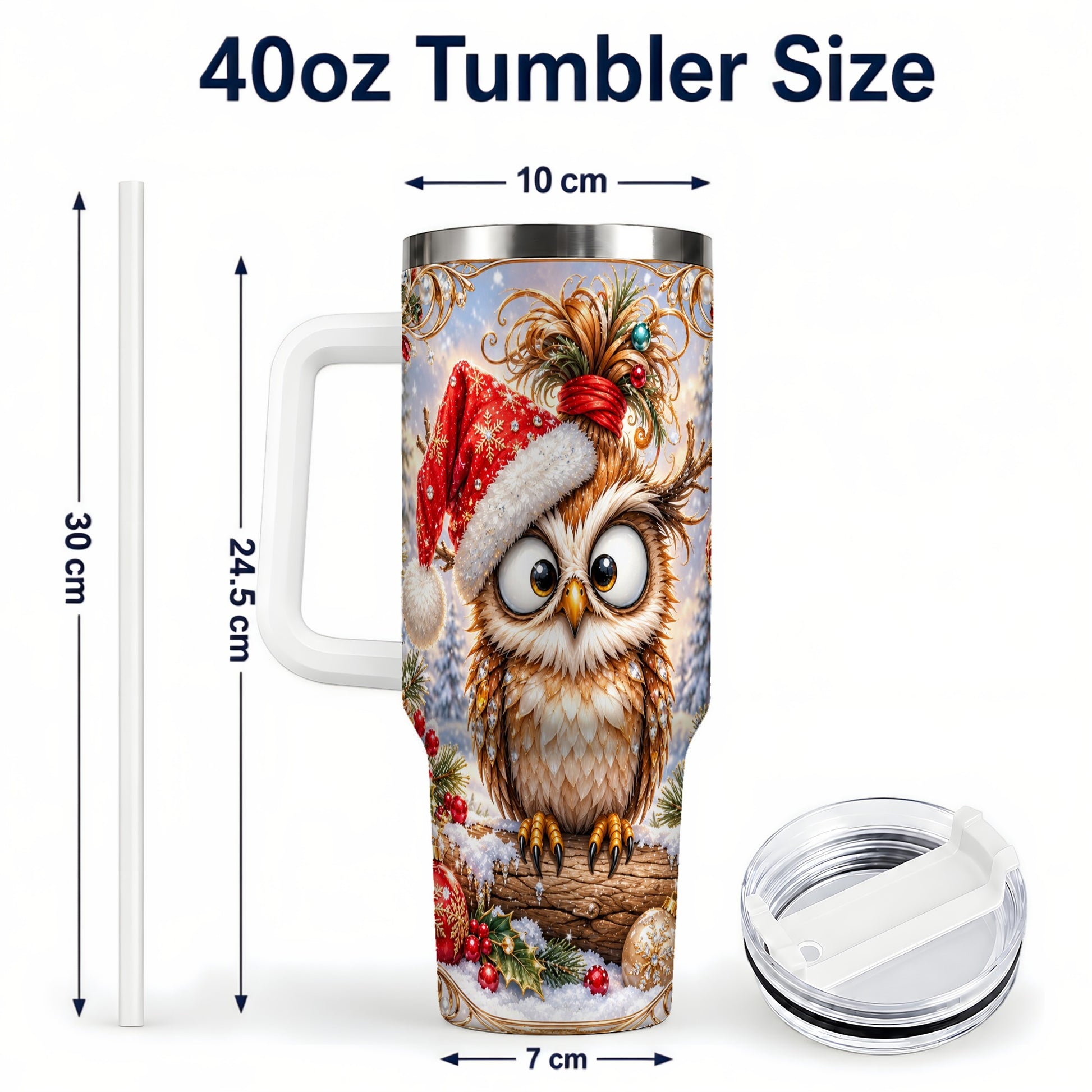 #pl[40oz|White] Christmas Owl 40oz Tumbler, Festive Owl Stainless Steel Travel Cup