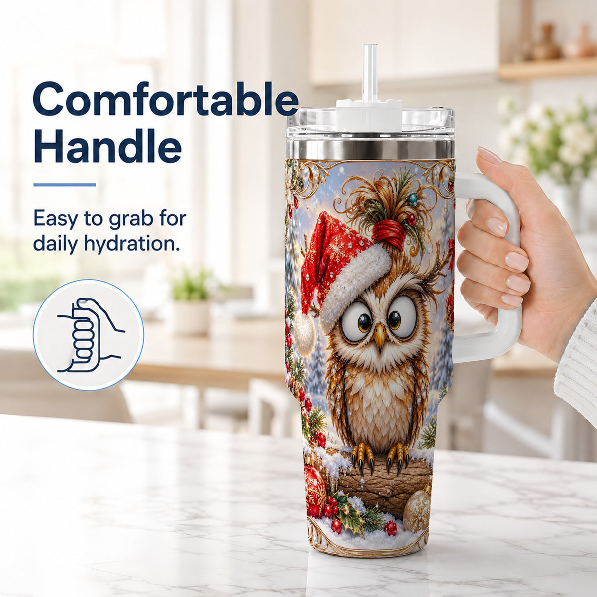 #pl[40oz|White] Christmas Owl 40oz Tumbler, Festive Owl Stainless Steel Travel Cup