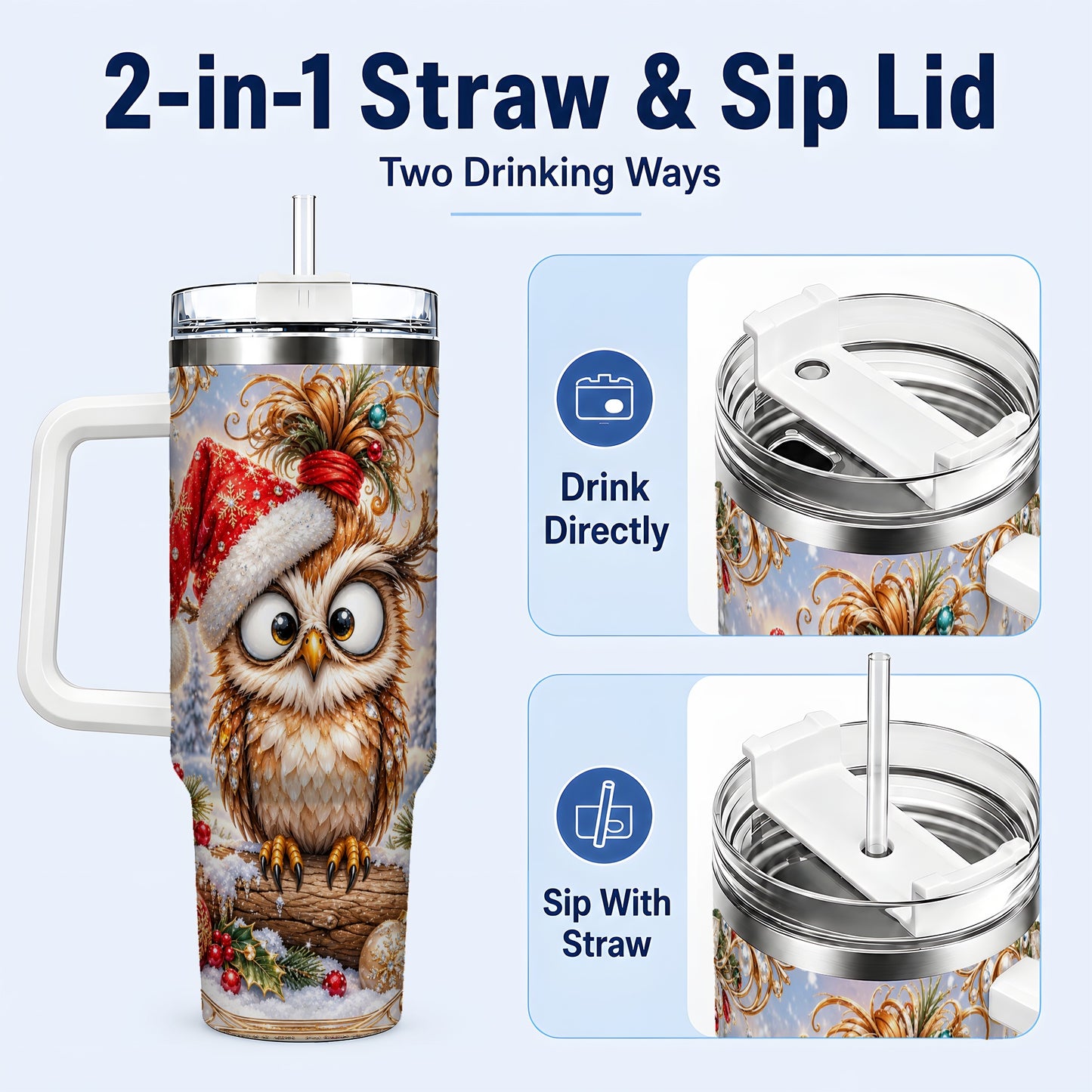 #pl[40oz|White] Christmas Owl 40oz Tumbler, Festive Owl Stainless Steel Travel Cup