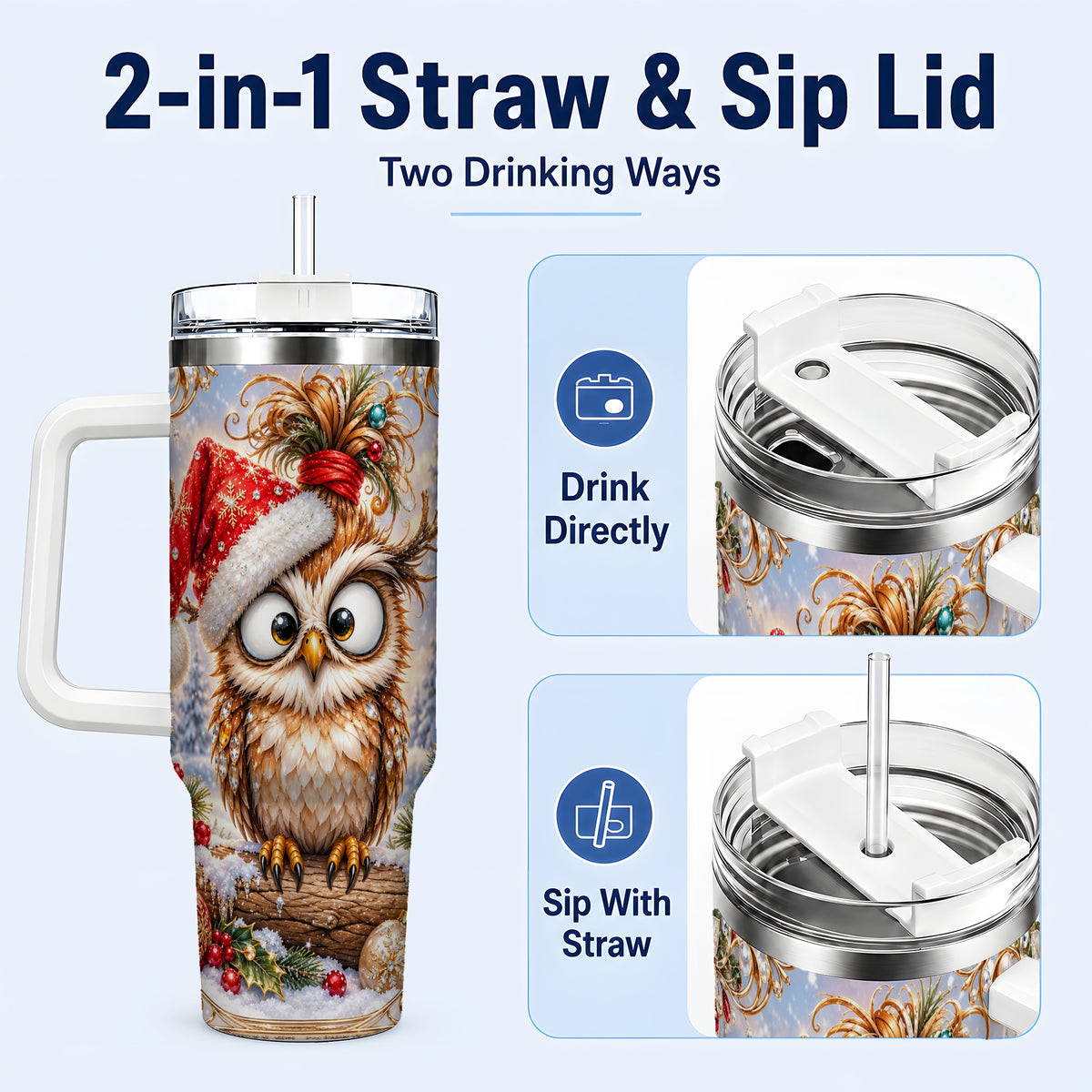 #pl[40oz|White] Christmas Owl 40oz Tumbler, Festive Owl Stainless Steel Travel Cup