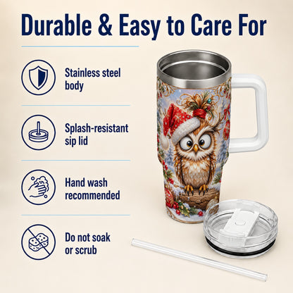 #pl[40oz|White] Christmas Owl 40oz Tumbler, Festive Owl Stainless Steel Travel Cup