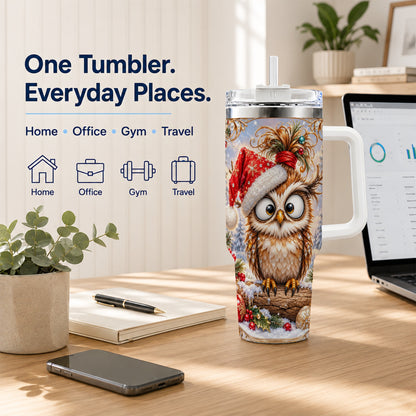 #pl[40oz|White] Christmas Owl 40oz Tumbler, Festive Owl Stainless Steel Travel Cup