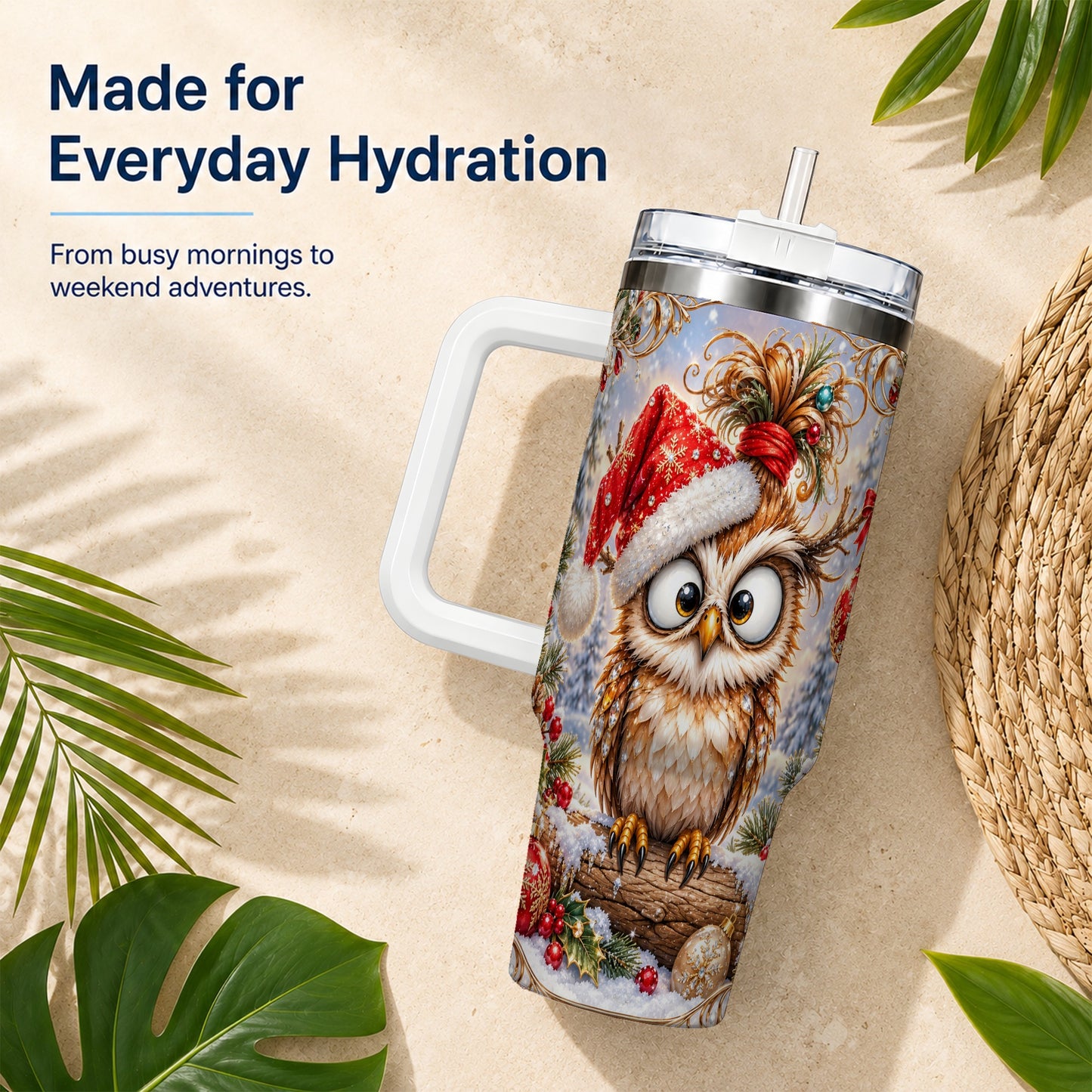 #pl[40oz|White] Christmas Owl 40oz Tumbler, Festive Owl Stainless Steel Travel Cup