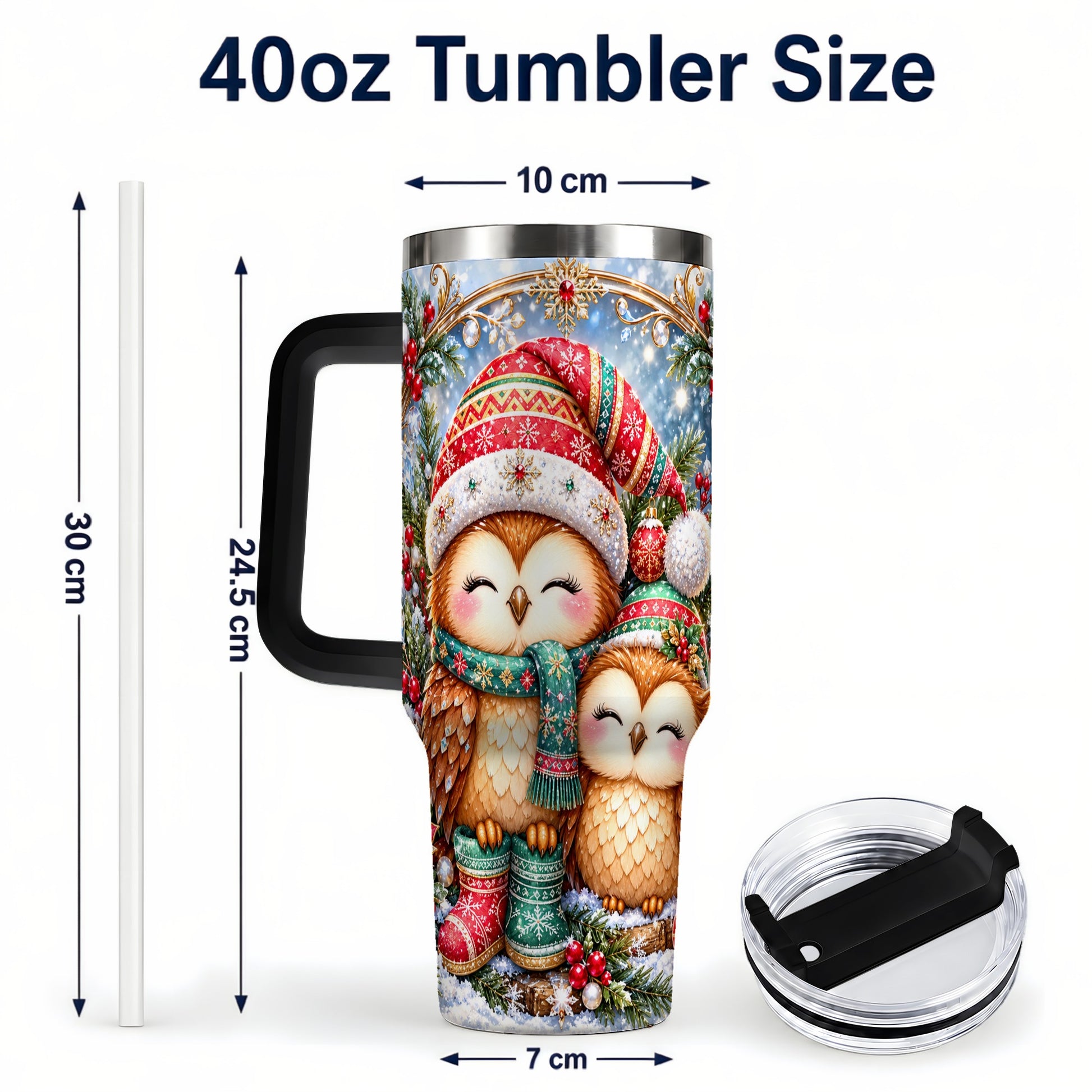 #pl[40oz|Black] Christmas Owl Pair 40oz Tumbler, Cozy Owl Stainless Steel Travel Cup