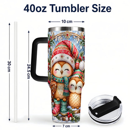 #pl[40oz|Black] Christmas Owl Pair 40oz Tumbler, Cozy Owl Stainless Steel Travel Cup