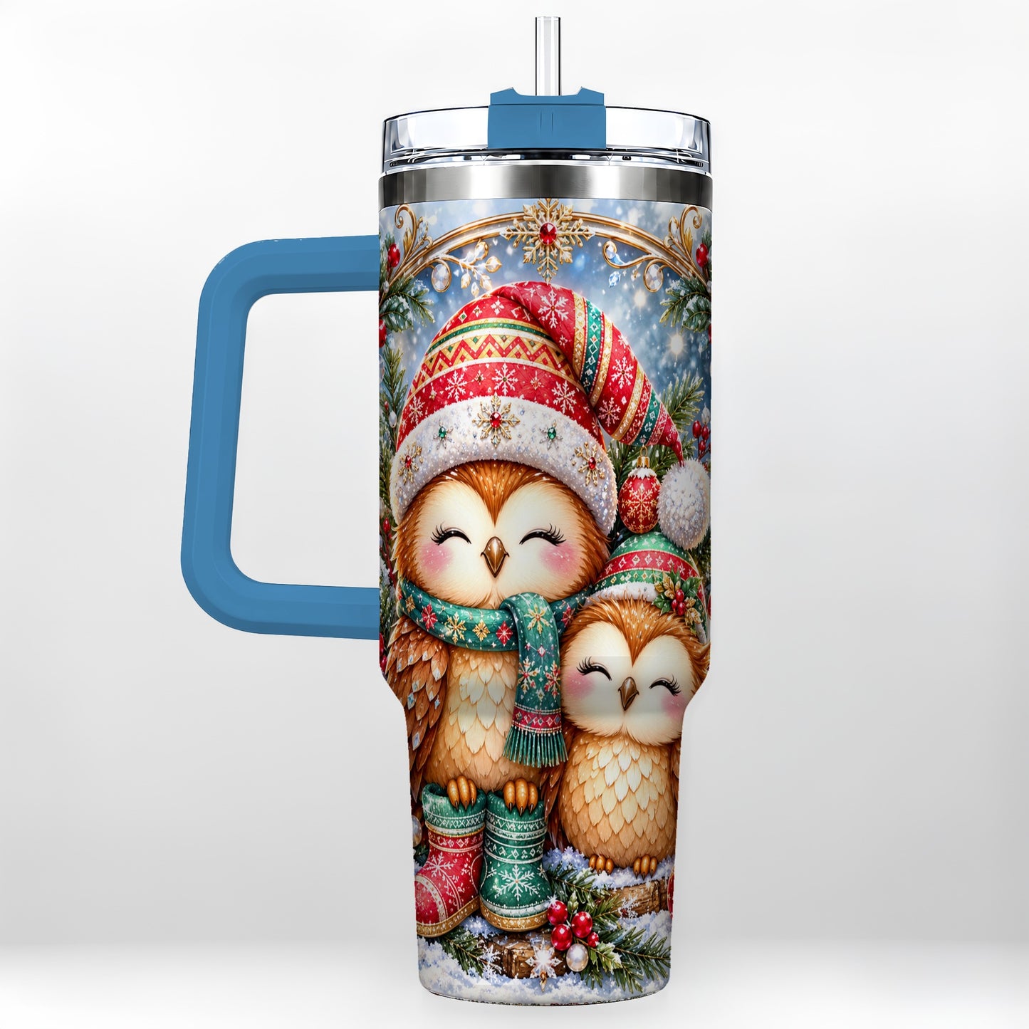 #pl[40oz|Blue] Christmas Owl Pair 40oz Tumbler, Cozy Owl Stainless Steel Travel Cup