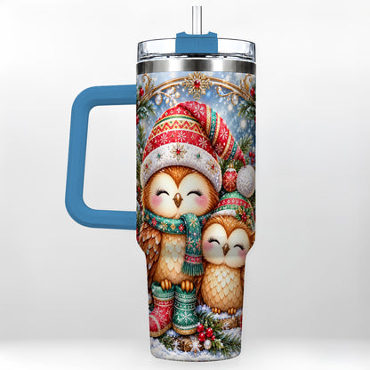 #pl[40oz|Blue] Christmas Owl Pair 40oz Tumbler, Cozy Owl Stainless Steel Travel Cup