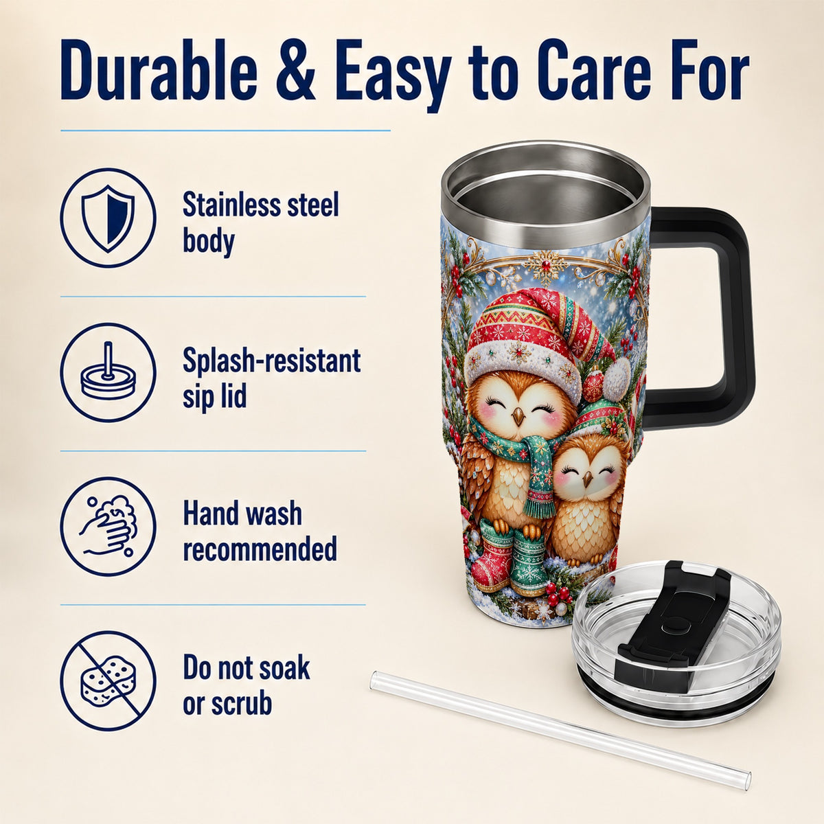 #pl[40oz|Black] Christmas Owl Pair 40oz Tumbler, Cozy Owl Stainless Steel Travel Cup