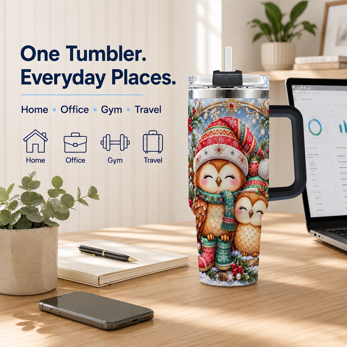 #pl[40oz|Black] Christmas Owl Pair 40oz Tumbler, Cozy Owl Stainless Steel Travel Cup