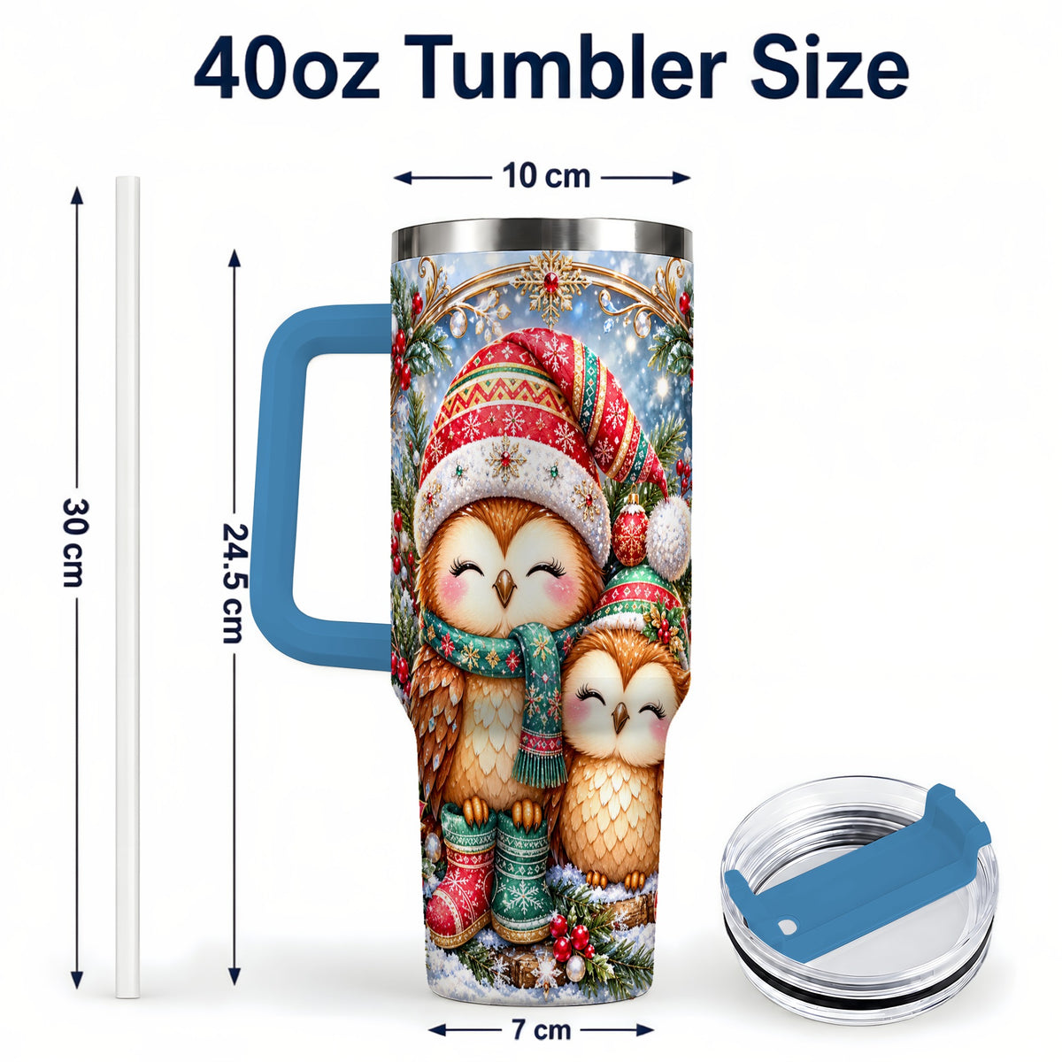 #pl[40oz|Blue] Christmas Owl Pair 40oz Tumbler, Cozy Owl Stainless Steel Travel Cup