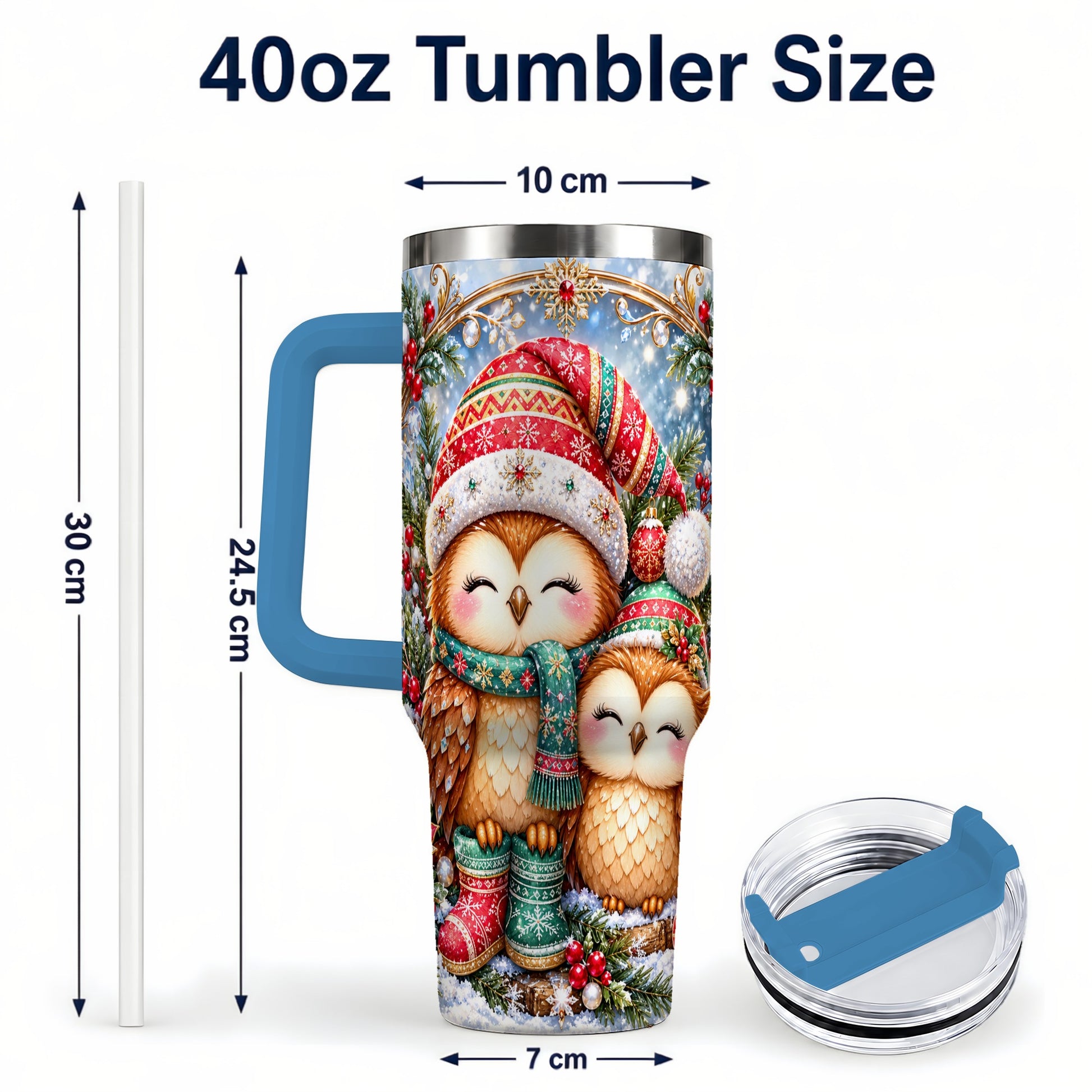 #pl[40oz|Blue] Christmas Owl Pair 40oz Tumbler, Cozy Owl Stainless Steel Travel Cup