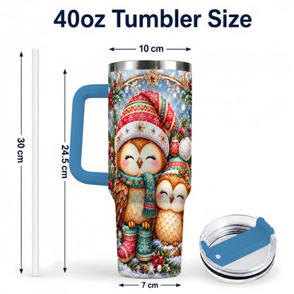 #pl[40oz|Blue] Christmas Owl Pair 40oz Tumbler, Cozy Owl Stainless Steel Travel Cup