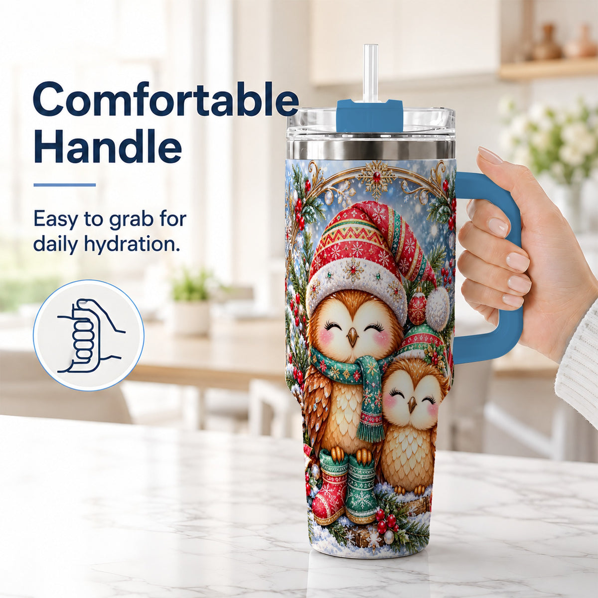 #pl[40oz|Blue] Christmas Owl Pair 40oz Tumbler, Cozy Owl Stainless Steel Travel Cup