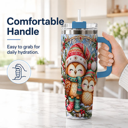 #pl[40oz|Blue] Christmas Owl Pair 40oz Tumbler, Cozy Owl Stainless Steel Travel Cup