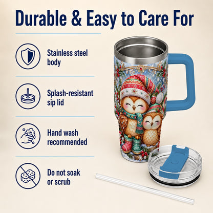 #pl[40oz|Blue] Christmas Owl Pair 40oz Tumbler, Cozy Owl Stainless Steel Travel Cup