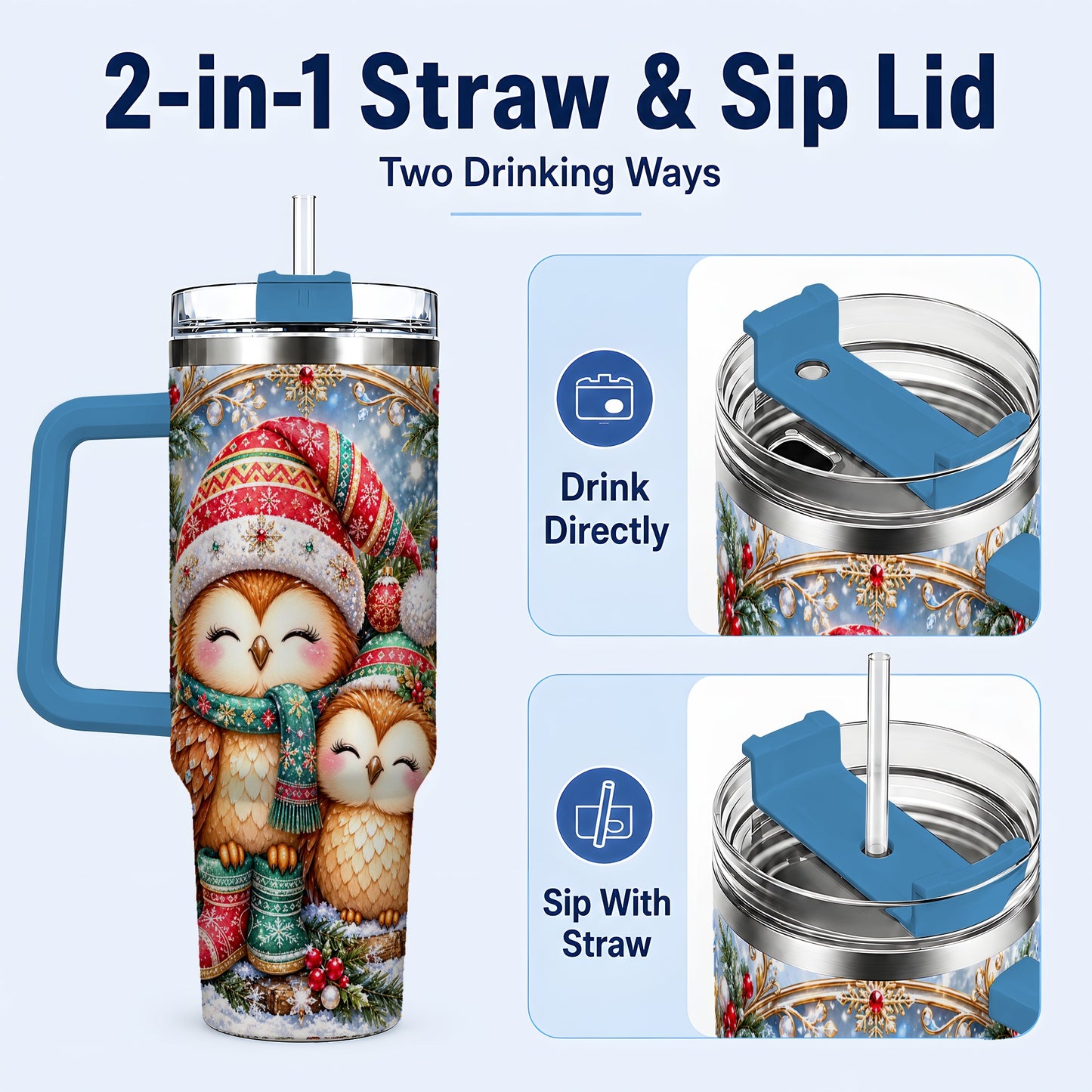 #pl[40oz|Blue] Christmas Owl Pair 40oz Tumbler, Cozy Owl Stainless Steel Travel Cup